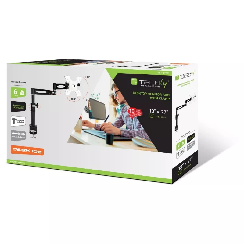 Techly 13-27 collu galda statīvs monitoram ar garu sviru, slīpuma regulēšana ICA-LCD 502BK