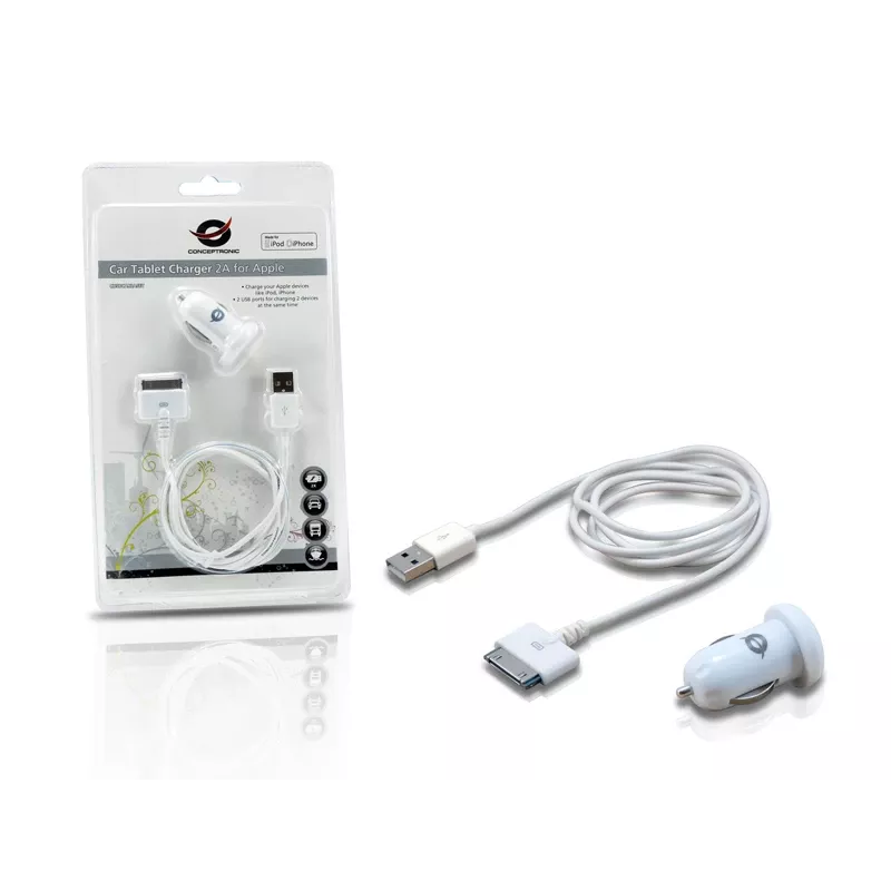 Conceptronic Car Tablet lādētājs 2A, Apple, auto, cigarešu pievads, 5 V, balts