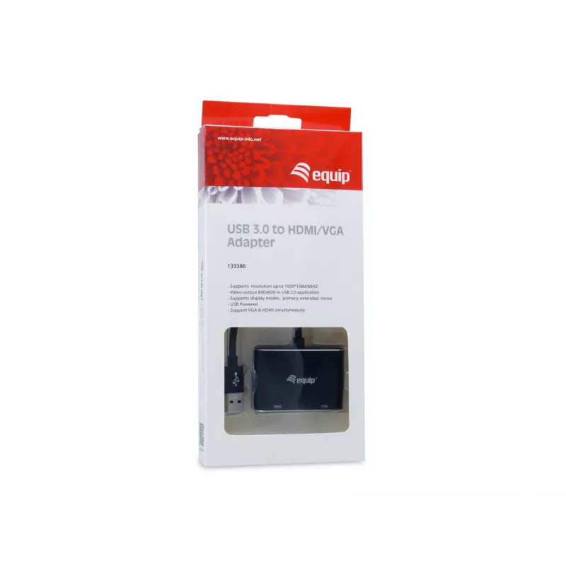 Equip USB 3.0 uz HDMI/VGA (HD15) adapteris, 3.2 Gen 1 (3.1 Gen 1), USB A tipa, HDMI izeja, 1920 x 1080 pikseļi