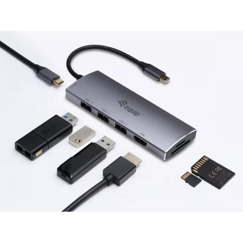 Equip USB-C 7-in-1 daudzfunkciju adapteris, USB 3.2 Gen 1 (3.1 Gen 1) Type-C, 100 W, sudraba krāsā, MicroSD (TransFlash), MicroSDHC, SD, SDHC, 4K Ultra HD, 30 Hz