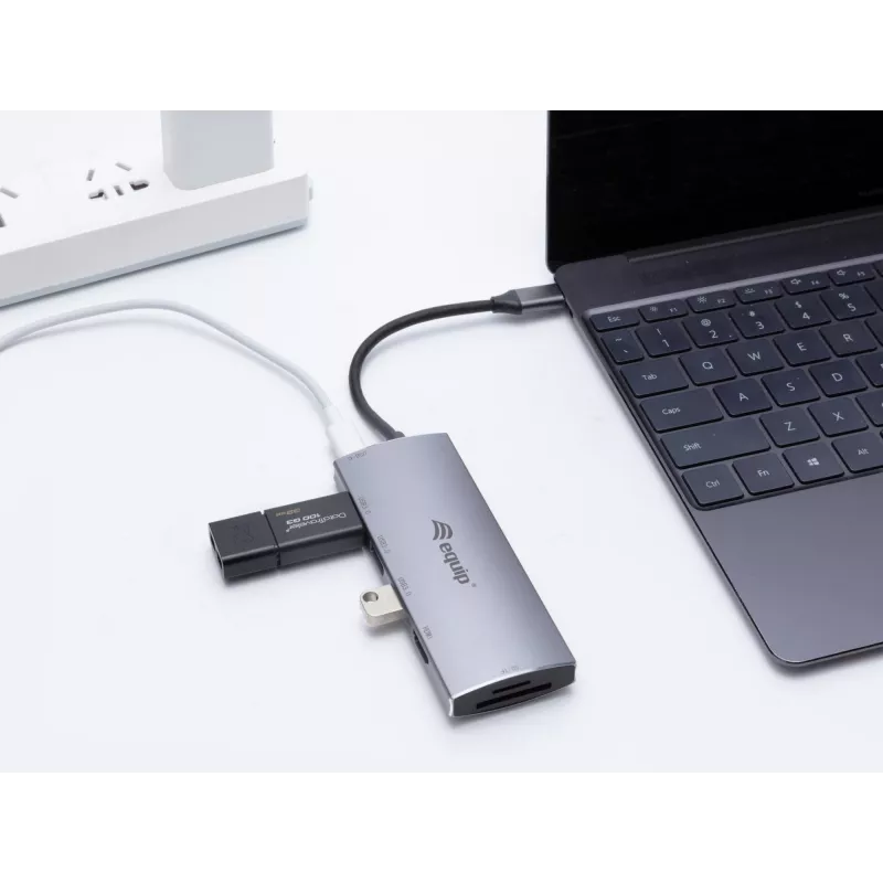 Equip USB-C 7-in-1 daudzfunkciju adapteris, USB 3.2 Gen 1 (3.1 Gen 1) Type-C, 100 W, sudraba krāsā, MicroSD (TransFlash), MicroSDHC, SD, SDHC, 4K Ultra HD, 30 Hz