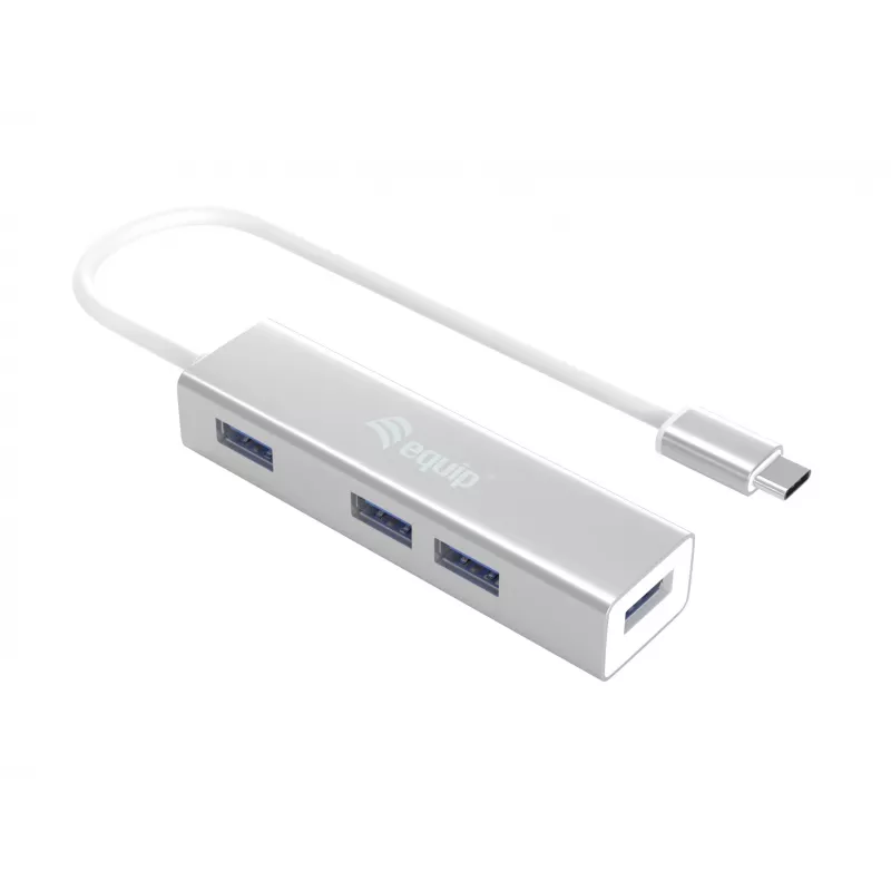 Equip USB-C uz 4 portu USB 3.0 centrmezgls, USB 3.2 Gen 1 (3.1 Gen 1) Type-C, USB 3.2 Gen 1 (3.1 Gen 1) Type-A, 5000 Mbit/s, sudraba, alumīnijs, Windows 10, Windows 7, Windows 8