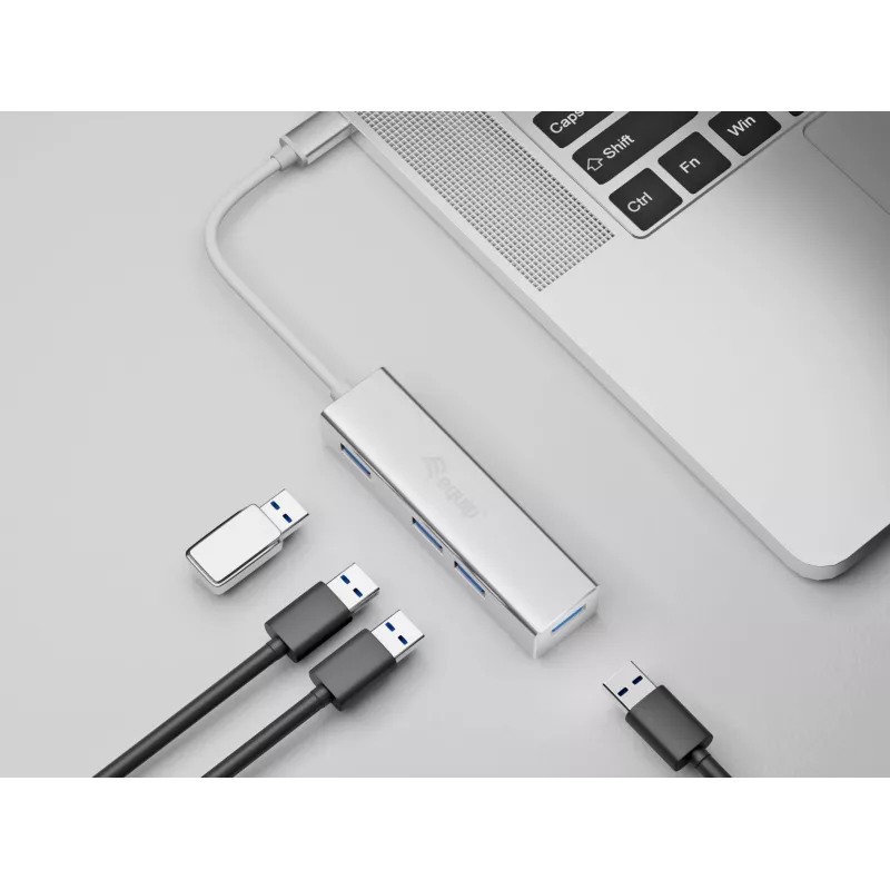 Equip USB-C uz 4 portu USB 3.0 centrmezgls, USB 3.2 Gen 1 (3.1 Gen 1) Type-C, USB 3.2 Gen 1 (3.1 Gen 1) Type-A, 5000 Mbit/s, sudraba, alumīnijs, Windows 10, Windows 7, Windows 8