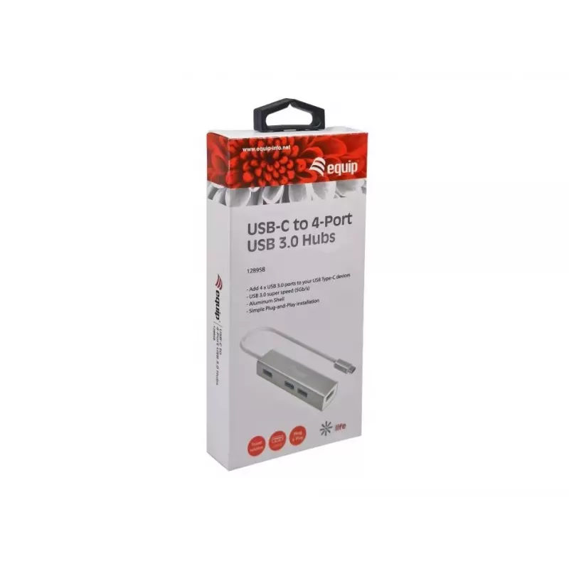 Equip USB-C uz 4 portu USB 3.0 centrmezgls, USB 3.2 Gen 1 (3.1 Gen 1) Type-C, USB 3.2 Gen 1 (3.1 Gen 1) Type-A, 5000 Mbit/s, sudraba, alumīnijs, Windows 10, Windows 7, Windows 8