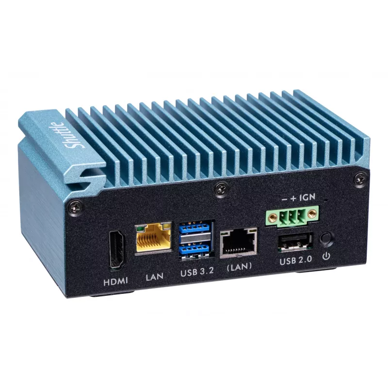 Shuttle Edge PC SPCEL02, Intel Celeron J6412, 1x HDMI, 2x 2.5G LAN, 1x COM, DIO (4x ieeja, 4x izeja), 3x USB, 2x M.2, 12-24V, 24/7 nepārtraukta darbība, bez ventilatora, ietver VESA un DIN-slīdes stiprinājumu