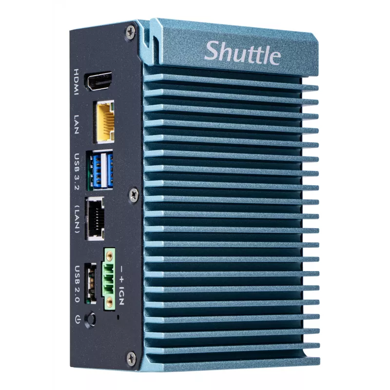 Shuttle Edge PC SPCEL02, Intel Celeron J6412, 1x HDMI, 2x 2.5G LAN, 1x COM, DIO (4x ieeja, 4x izeja), 3x USB, 2x M.2, 12-24V, 24/7 nepārtraukta darbība, bez ventilatora, ietver VESA un DIN-slīdes stiprinājumu