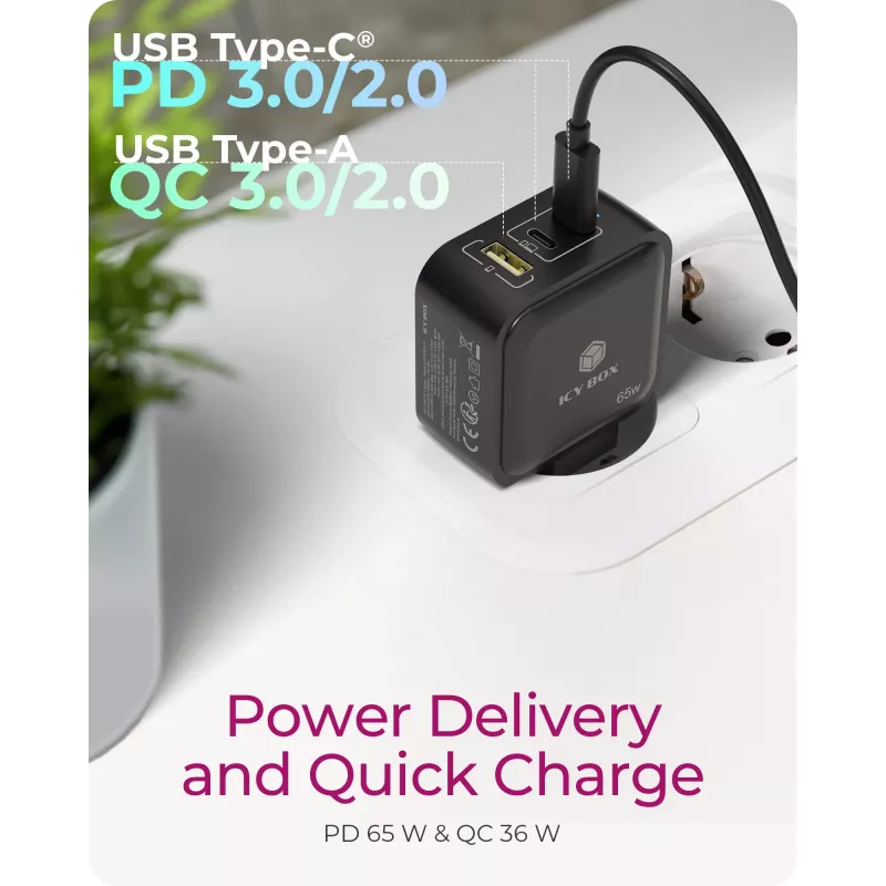 Iekštelpu lādētājs ICY BOX IB-PS1030-PD universāls melns ātrā uzlāde