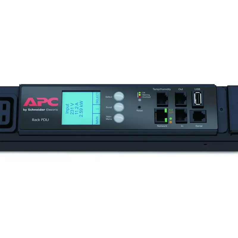 APC NetShelter Mērīta Rack PDU, 0U, 3PH, 22 kW 230 V 32 A vai 17,3 kW 230 V 24 A, 30 C13 un 12 C19 ligzdas, IEC 309 3P+N+PE vads