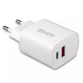 Iekštelpu lādētājs Lindy 73413 — universāls maiņstrāvas 100–240V, izeja 12V 3A, USB-A + USB-C, balts