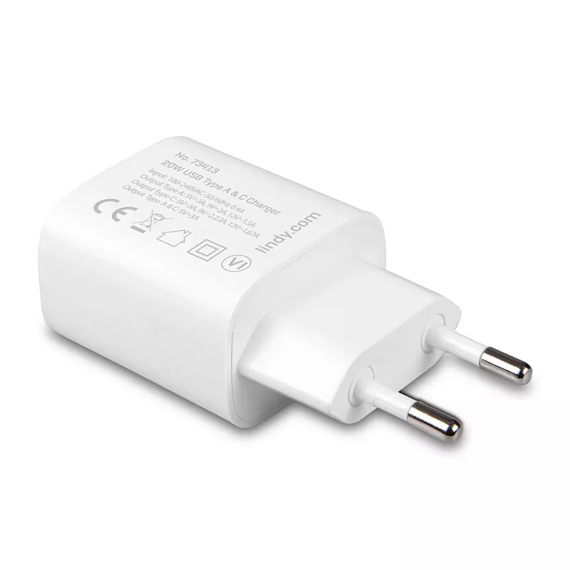 Iekštelpu lādētājs Lindy 73413 — universāls maiņstrāvas 100–240V, izeja 12V 3A, USB-A + USB-C, balts