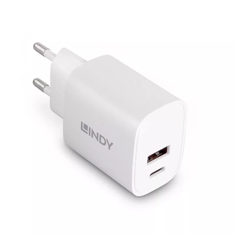 Iekštelpu lādētājs Lindy 73413 — universāls maiņstrāvas 100–240V, izeja 12V 3A, USB-A + USB-C, balts