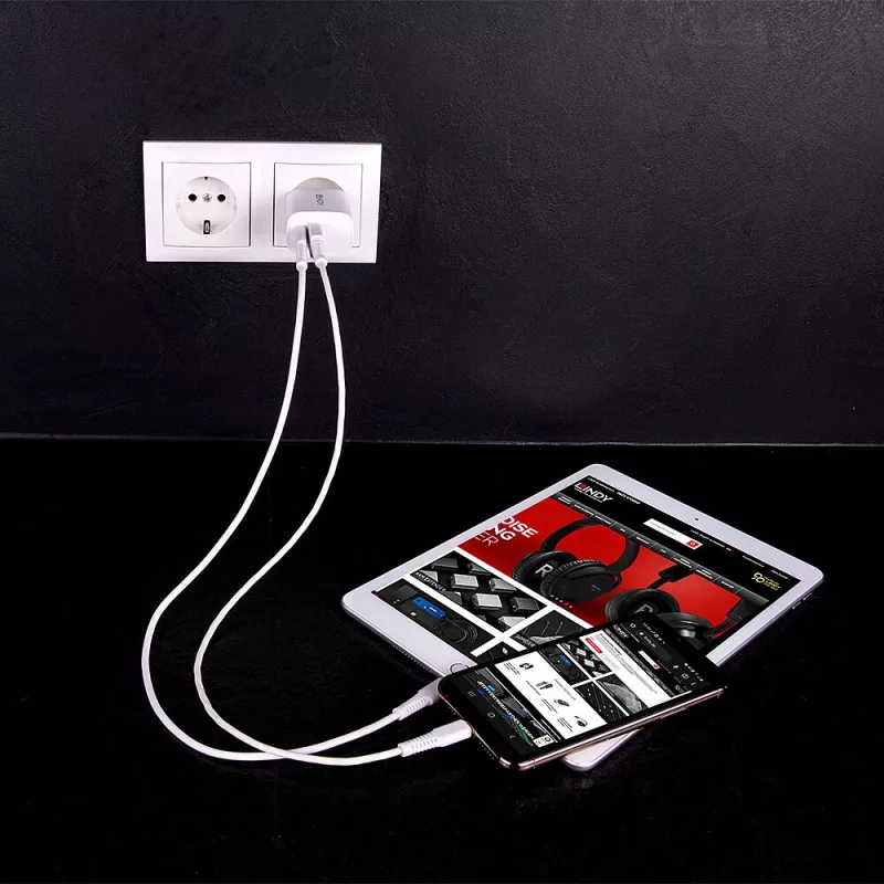 Iekštelpu lādētājs Lindy 73413 — universāls maiņstrāvas 100–240V, izeja 12V 3A, USB-A + USB-C, balts
