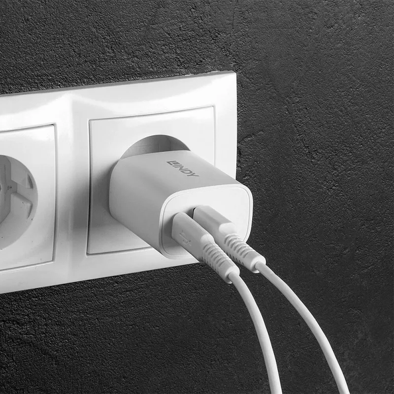 Iekštelpu lādētājs Lindy 73413 — universāls maiņstrāvas 100–240V, izeja 12V 3A, USB-A + USB-C, balts