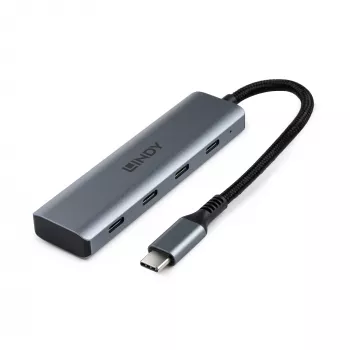 Lindy 4 Port USB 3.2 Gen 2 Type C Hub, USB 3.2 Gen 2 (3.1 Gen 2) Type-C, USB 3.2 Gen 2 (3.1 Gen 2) Type-C, 10000 Mbit/s, pelēks, Alumīnijs, Plastmasa, Apaļais kabelis