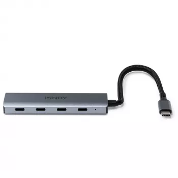 Lindy 4 Port USB 3.2 Gen 2 Type C Hub, USB 3.2 Gen 2 (3.1 Gen 2) Type-C, USB 3.2 Gen 2 (3.1 Gen 2) Type-C, 10000 Mbit/s, pelēks, Alumīnijs, Plastmasa, Apaļais kabelis
