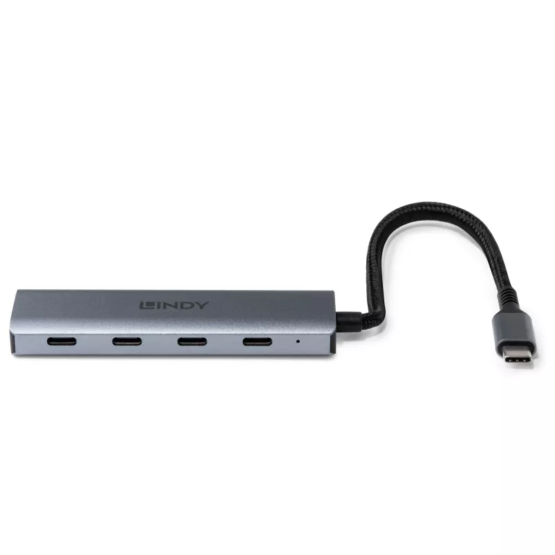 Lindy 4 Port USB 3.2 Gen 2 Type C Hub, USB 3.2 Gen 2 (3.1 Gen 2) Type-C, USB 3.2 Gen 2 (3.1 Gen 2) Type-C, 10000 Mbit/s, pelēks, Alumīnijs, Plastmasa, Apaļais kabelis