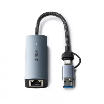 Lindy USB 3.2 Gen 1 uz 5G Ethernet pārveidotājs, USB 3.2 Gen 2 (3.1 Gen 2) Type-C, 5000 Mbit/s, pelēks, alumīnijs, plastmasa, apaļais kabelis, 0,15 m