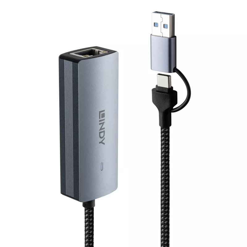 Lindy USB 3.2 Gen 1 uz 5G Ethernet pārveidotājs, USB 3.2 Gen 2 (3.1 Gen 2) Type-C, 5000 Mbit/s, pelēks, alumīnijs, plastmasa, apaļais kabelis, 0,15 m