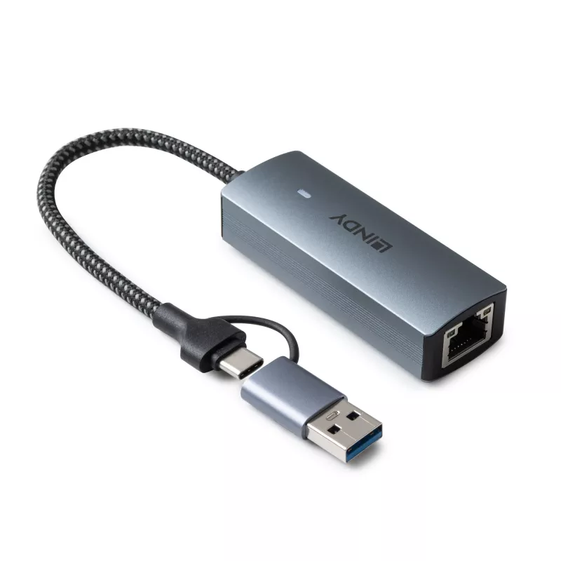Lindy USB 3.2 Gen 1 uz 5G Ethernet pārveidotājs, USB 3.2 Gen 2 (3.1 Gen 2) Type-C, 5000 Mbit/s, pelēks, alumīnijs, plastmasa, apaļais kabelis, 0,15 m