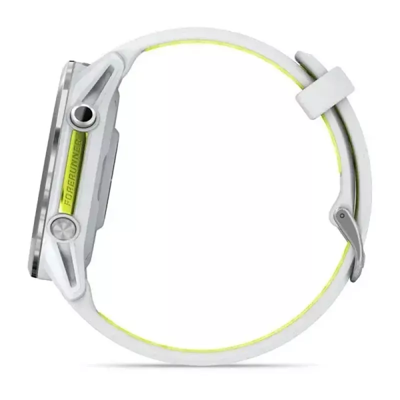 Viedpulkstenis IFIT ICON Forerunner 970 — 1,4 collu (3,56 cm) AMOLED 454×454, GPS, Wi‑Fi, titāna korpuss, silikona siksniņa (balta/dzeltena), 56 g