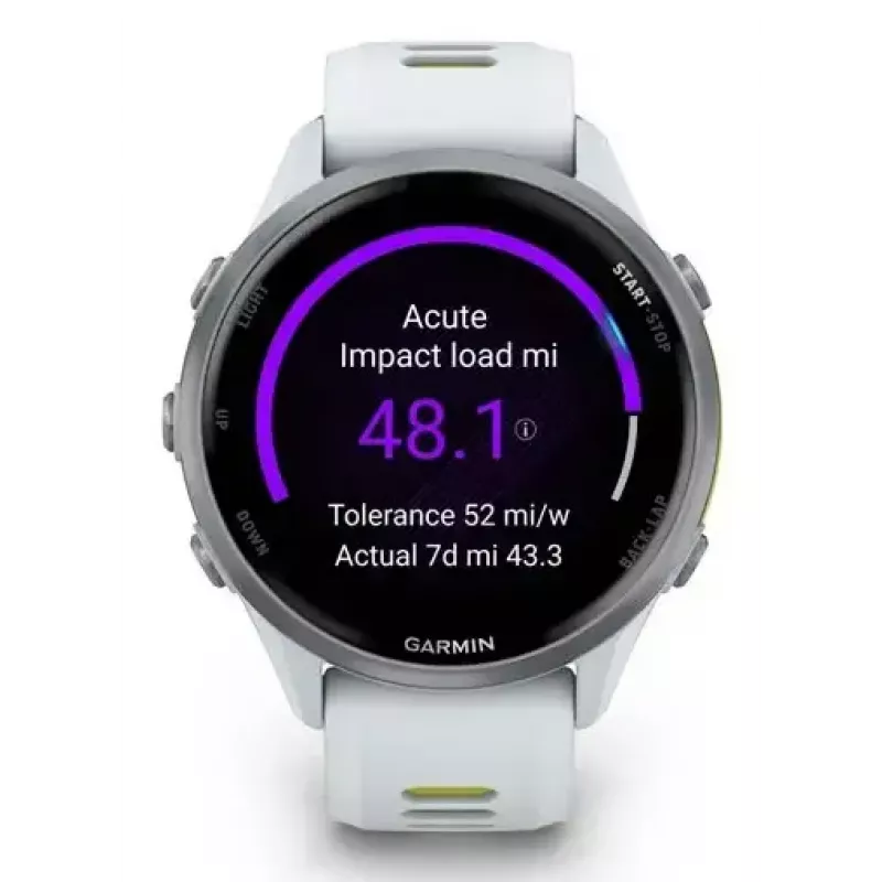 Viedpulkstenis IFIT ICON Forerunner 970 — 1,4 collu (3,56 cm) AMOLED 454×454, GPS, Wi‑Fi, titāna korpuss, silikona siksniņa (balta/dzeltena), 56 g