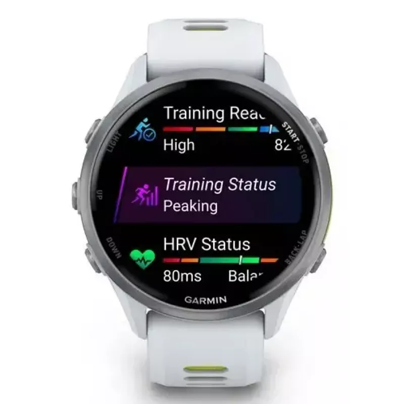 Viedpulkstenis IFIT ICON Forerunner 970 — 1,4 collu (3,56 cm) AMOLED 454×454, GPS, Wi‑Fi, titāna korpuss, silikona siksniņa (balta/dzeltena), 56 g