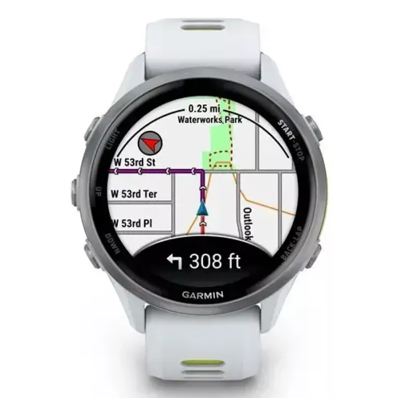 Viedpulkstenis IFIT ICON Forerunner 970 — 1,4 collu (3,56 cm) AMOLED 454×454, GPS, Wi‑Fi, titāna korpuss, silikona siksniņa (balta/dzeltena), 56 g