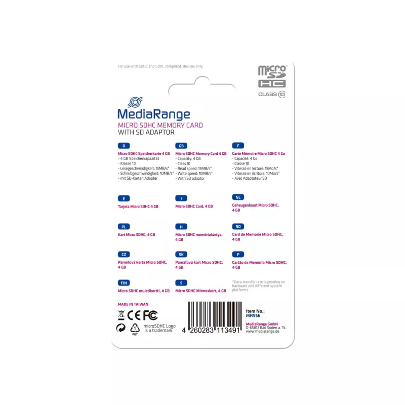 Memory Card MediaRange 4GB MicroSDHC Class 10 MR956