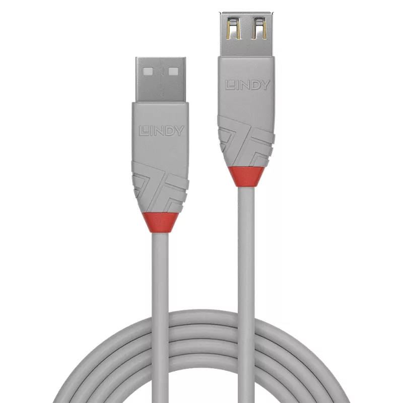 Lindy 2m USB 2.0 Type A pagarinātāja kabelis, Anthra Line, pelēks