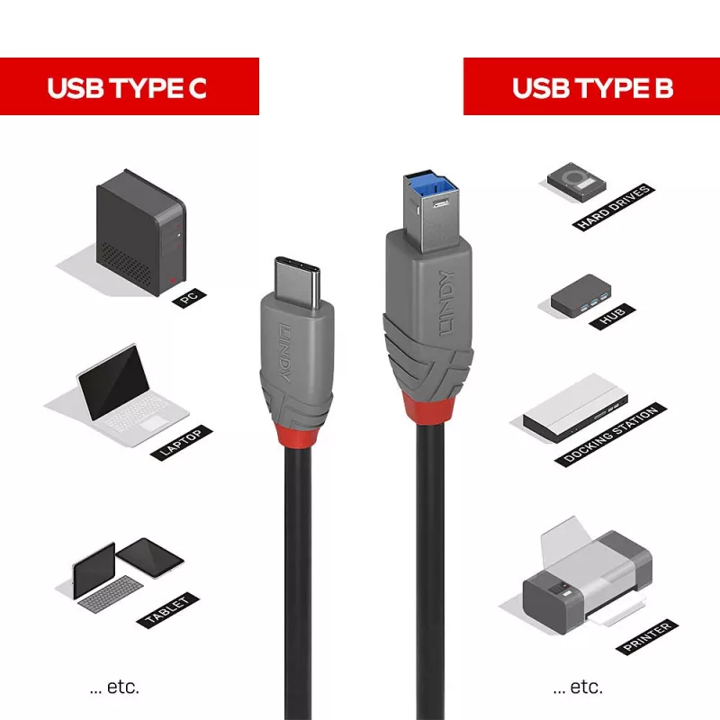 Lindy 2m USB 3.2 Type C to B Kabelis, Anthra Line