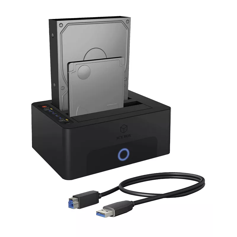 ICY BOX 2 nodalījumu dokstacija un klonēšanas stacija 2,5 collu vai 3,5 collu SATA diskdziņiem ar USB 3.0 pieslēgvietu