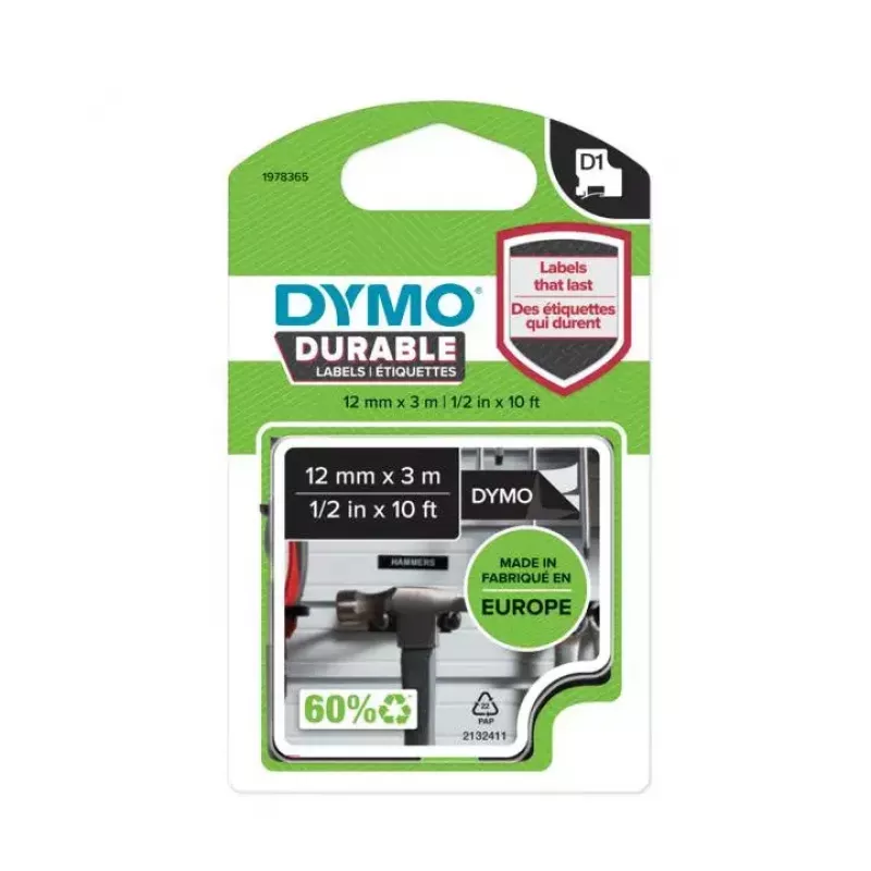 DYMO Autentiskās D1 Izturīgās Uzlīmes | Balta druka uz melnas lentes | 12 mm x 3 m | Marķēšanas lente priekš LabelManager marķētājiem