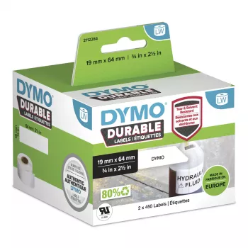 DYMO LabelWriter izturīgās rūpnieciskās uzlīmes | 19mm x 64mm | Balts polipropilēns | 2 ruļļi pa 450 (900 pašlīmējošas uzlīmes) | Oriģinālas | LabelWriter uzlīmju printeriem
