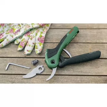 Atzarošanas šķēres Bosch EasyPrune, apvedtipa, nerūsējošā tērauda asmens, 2,5 cm griešanas kapacitāte, uzlādējams 5,4 Wh akumulators, drošības fiksators