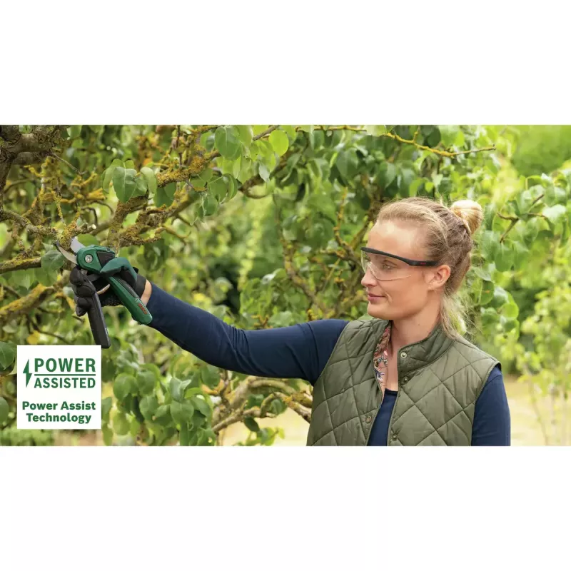 Atzarošanas šķēres Bosch EasyPrune, apvedtipa, nerūsējošā tērauda asmens, 2,5 cm griešanas kapacitāte, uzlādējams 5,4 Wh akumulators, drošības fiksators
