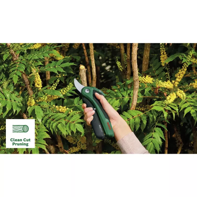 Atzarošanas šķēres Bosch EasyPrune, apvedtipa, nerūsējošā tērauda asmens, 2,5 cm griešanas kapacitāte, uzlādējams 5,4 Wh akumulators, drošības fiksators