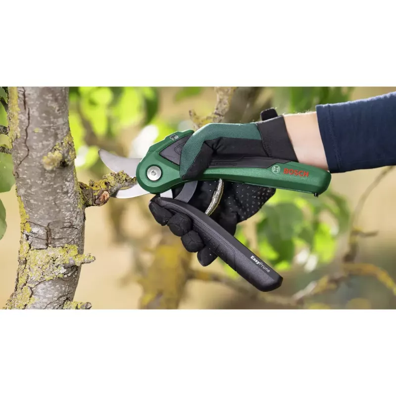 Atzarošanas šķēres Bosch EasyPrune, apvedtipa, nerūsējošā tērauda asmens, 2,5 cm griešanas kapacitāte, uzlādējams 5,4 Wh akumulators, drošības fiksators