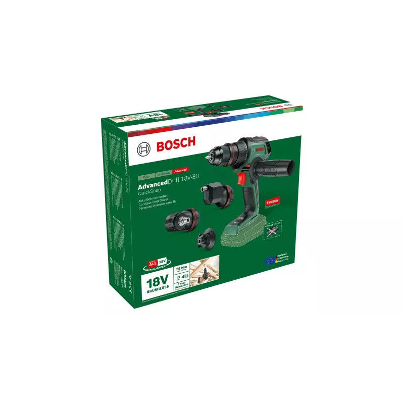 Bezvadu urbis Bosch AdvancedDrill 18V-80 QuickSnap Solo — 18 V, kompakts, zaļš/melns