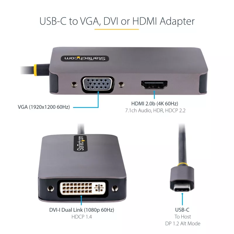 StarTech.com USB C video adapteris, USB C uz HDMI DVI VGA adapteris, līdz 4K 60 Hz, alumīnija, daudzportu video displeja adapteris, saderīgs ar Thunderbolt 3/4, USB Type C ceļojumu adapteris