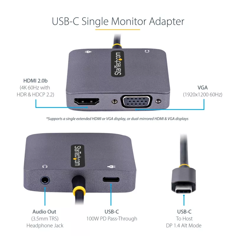 StarTech.com USB C video adapteris, USB C uz HDMI VGA vairāku pieslēgvietu adapteris, 3,5 mm audio, 4K 60Hz HDR, 100W PD caurlaides jaudas padeve, saderīgs ar Thunderbolt 3/4 - USB C displeja ceļojumu adapteris
