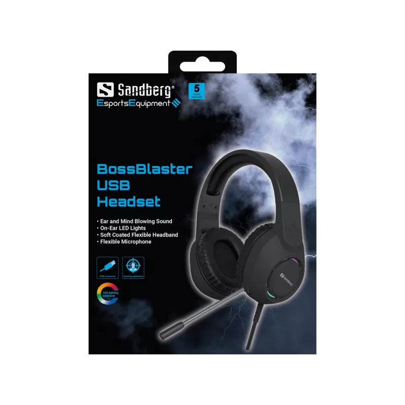 Austiņas SANDBERG BossBlaster USB — vadu spēļu austiņas, 20–20000 Hz, 2 m kabelis, 240 g, melnas