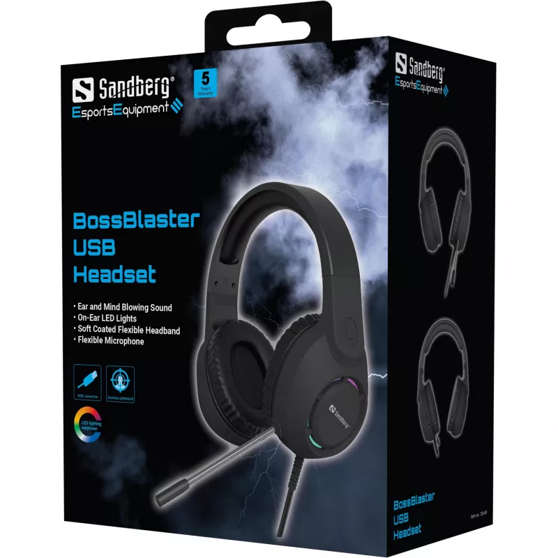 Austiņas SANDBERG BossBlaster USB — vadu spēļu austiņas, 20–20000 Hz, 2 m kabelis, 240 g, melnas