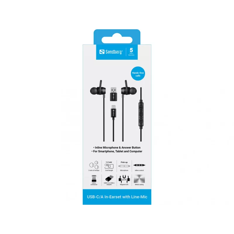 Austiņas Sandberg USB-C/A In-Earset ar līnijas mikrofonu