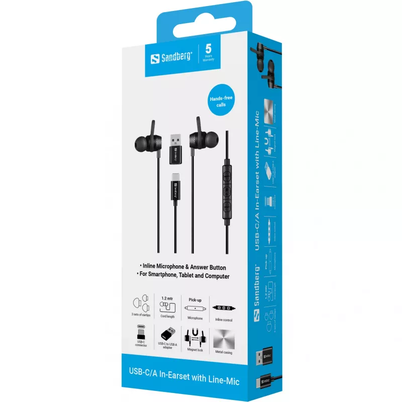 Austiņas Sandberg USB-C/A In-Earset ar līnijas mikrofonu