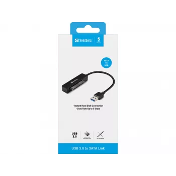Sandberg USB 3.0 uz SATA saiti, melna, 5 Gbit/s, 20 g, 77 mm, 18 mm, 193 mm
