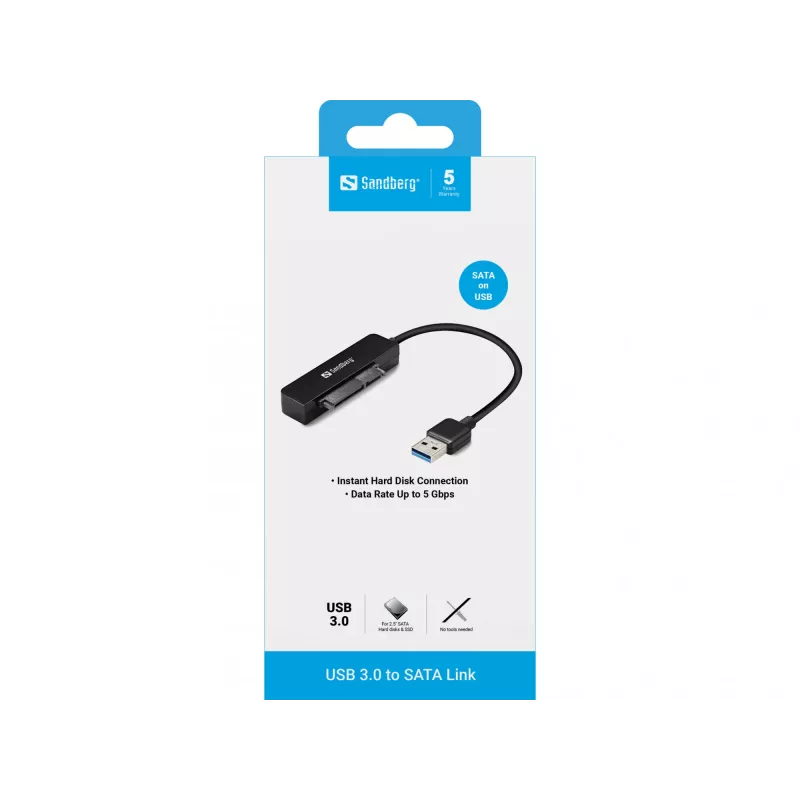 Sandberg USB 3.0 uz SATA saiti, melna, 5 Gbit/s, 20 g, 77 mm, 18 mm, 193 mm