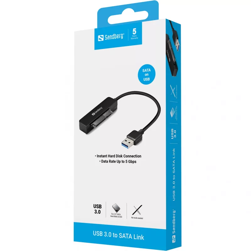 Sandberg USB 3.0 uz SATA saiti, melna, 5 Gbit/s, 20 g, 77 mm, 18 mm, 193 mm