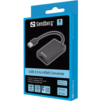Sandberg USB 3.0 uz HDMI pārveidotājs melns pasīvais video pārveidotājs