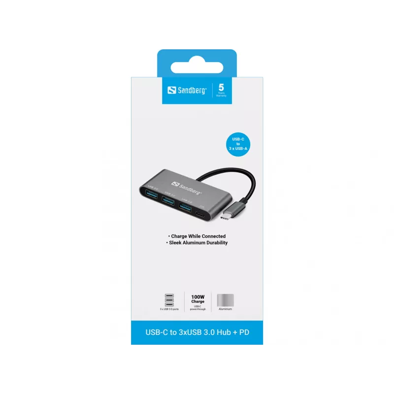 USB-C uz 3xUSB 3.0 centrmezgls + PD Sandberg 136-03