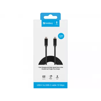 Sandberg USB-C USB-C 2M USB 3.1 Gen.2, 2 m, USB C, USB C, USB 3.2 Gen 2 (3.1 Gen 2), vīrišķais/vīrišķais, melns